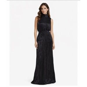 Saloni Black Mock Neck  Sleeveless Maxi‎ Dress Floral Jacquard Evening Gown US 4